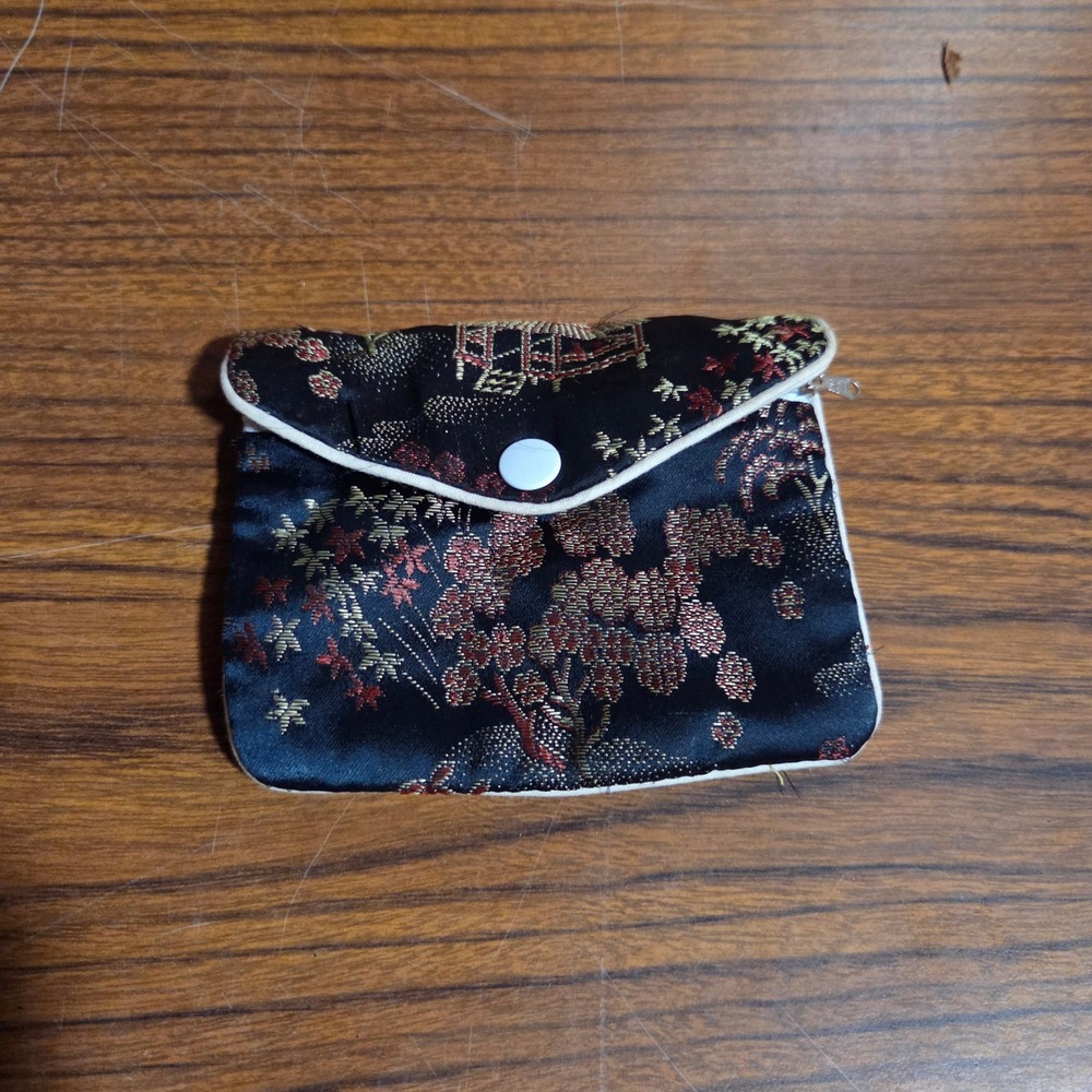 Vintage Chinese Silk Brocade Jewelry Pouch Black Floral Zippered Coin Purse